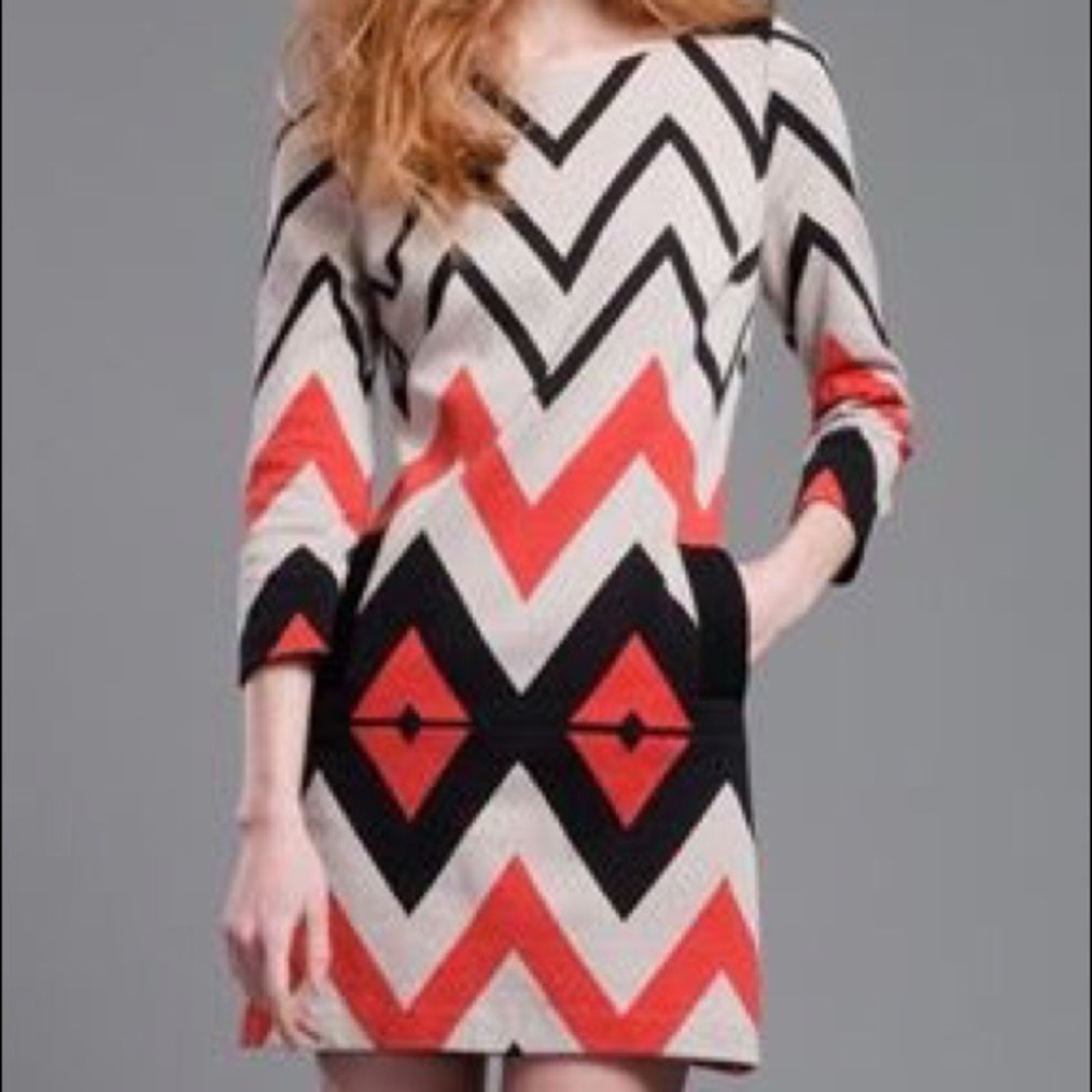 Plenty by Tracy Reese Red and Black Chevron Long Sleeve Dress